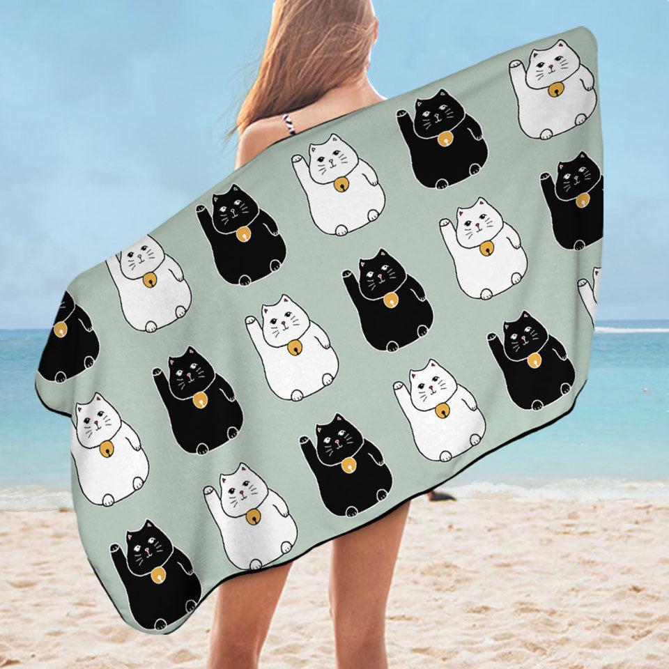 Black and White Lucky Cats Microfiber Beach Towel + Bag