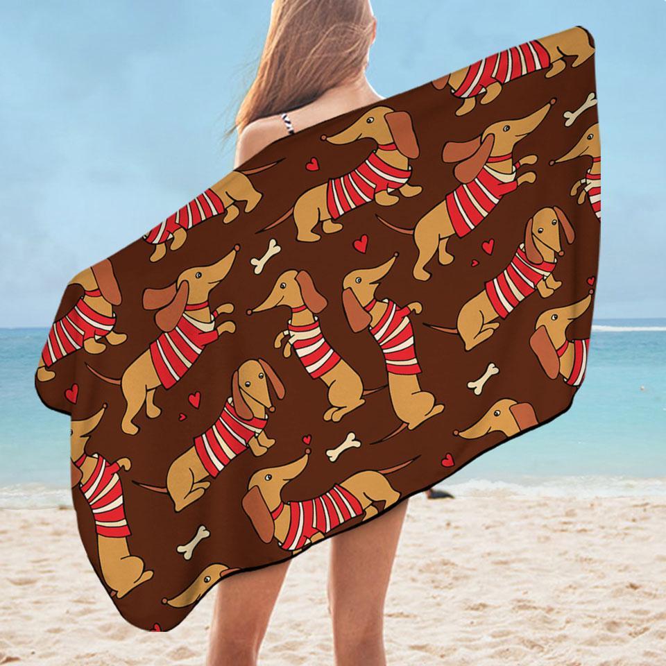 Cute Dachshund Wearing Red and White Stripes Microfiber Beach Towel + Bag