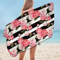 Black and White Stripes and Pinkish Roses Microfiber Beach Towel Only