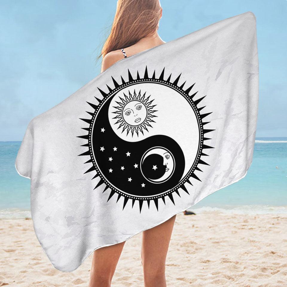 Black and White Sun and Moon Yin and Yang Microfiber Beach Towel + Bag