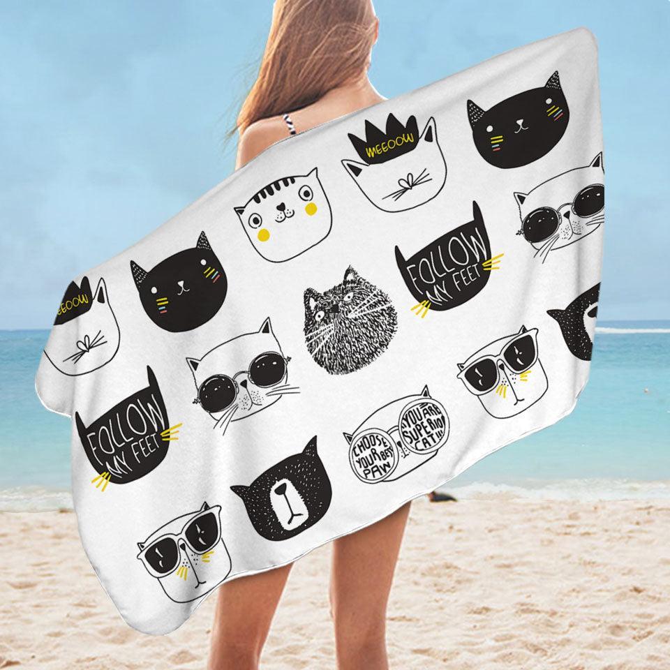 Cool Black and White Cat Faces Microfiber Beach Towel + Bag