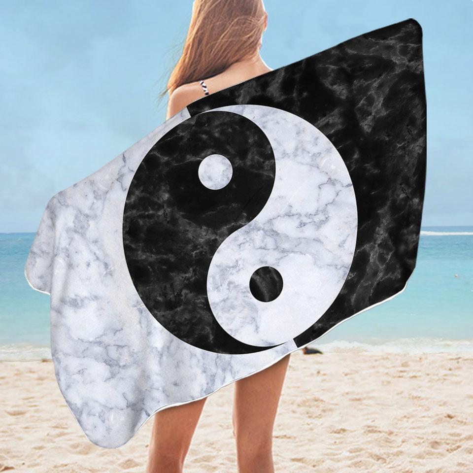 Black and White Marble Oriental Yin and Yan Microfiber Beach Towel + Bag