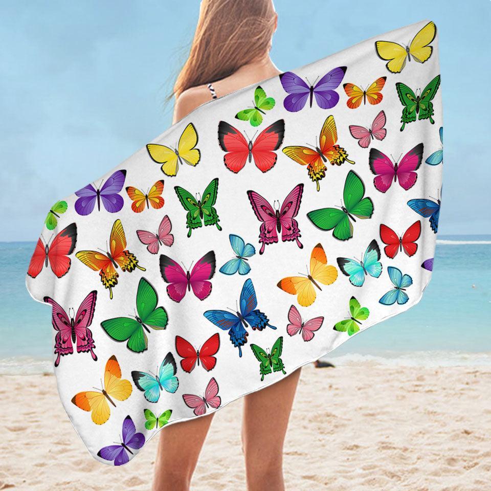 White Back Full of Vivid Colored Butterflies Microfiber Beach Towel + Bag