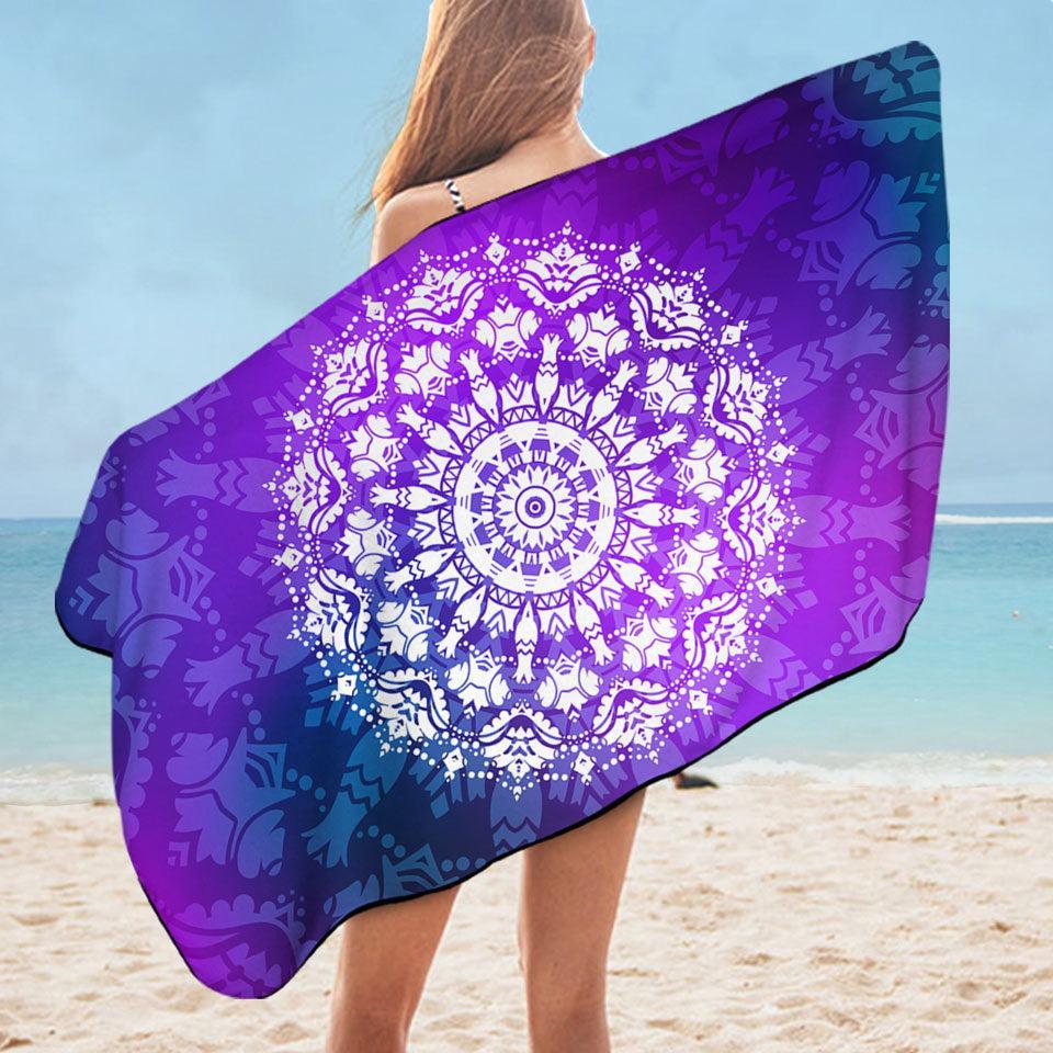 White Royal Floral Mandala over Purple Microfiber Beach Towel Only
