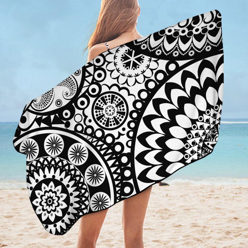 Black and White Mandalas Pile Microfiber Beach Towel + Bag