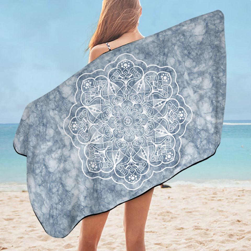 White Mandala on Greyish Marble Microfiber Beach Towel Only