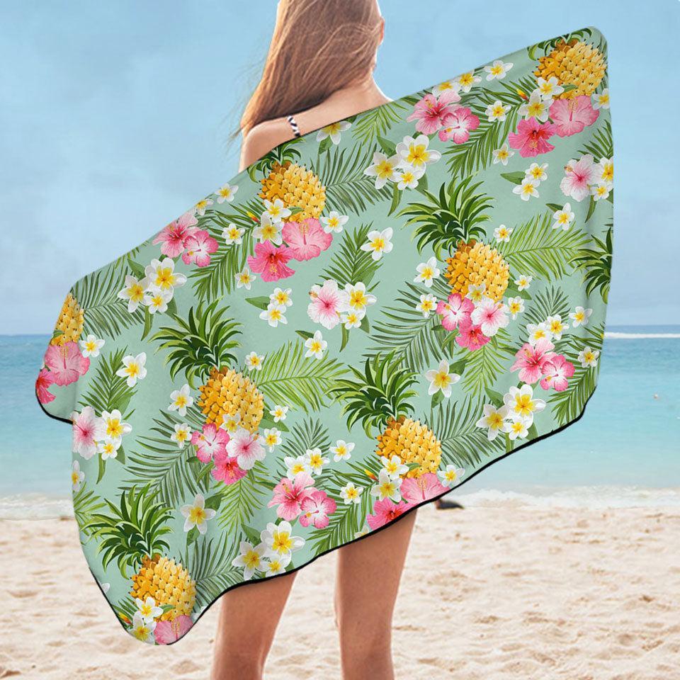 Pink Hibiscus White Plumeria and Pineapple Microfiber Beach Towel Only
