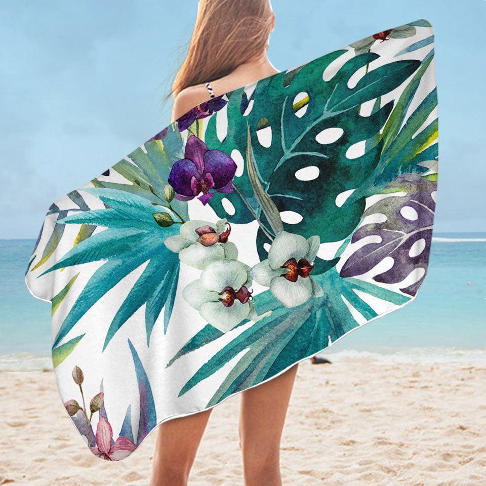 Tropical Leaves and Purple White Orchid Flowers Microfiber Beach Towel + Bag