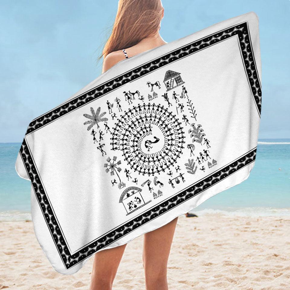 African Tribe Story White and Black Microfiber Beach Towel + Bag