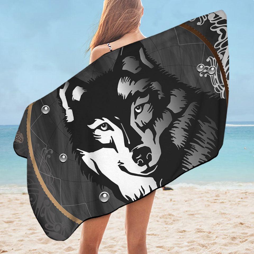 Black and White Wolf Portrait Microfiber Beach Towel Only