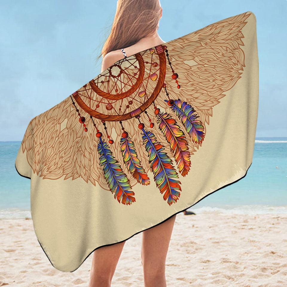 Beige Native American Dream Catcher Microfiber Beach Towel + Bag
