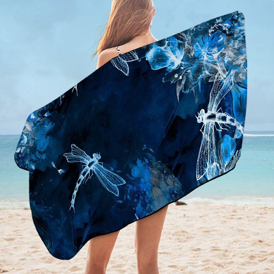 X-ray Blue Flowers and Dragonflies Microfiber Beach Towel + Bag