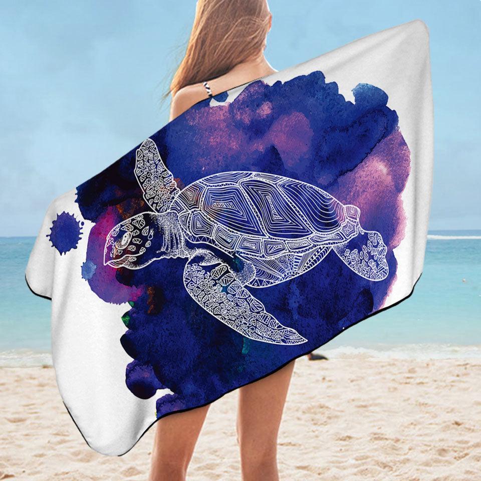 Turtle over Dark Blue Paint Stain Microfiber Beach Towel + Bag