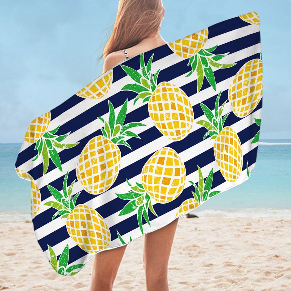 Pineapples over Blue Stipes Microfiber Beach Towel + Bag