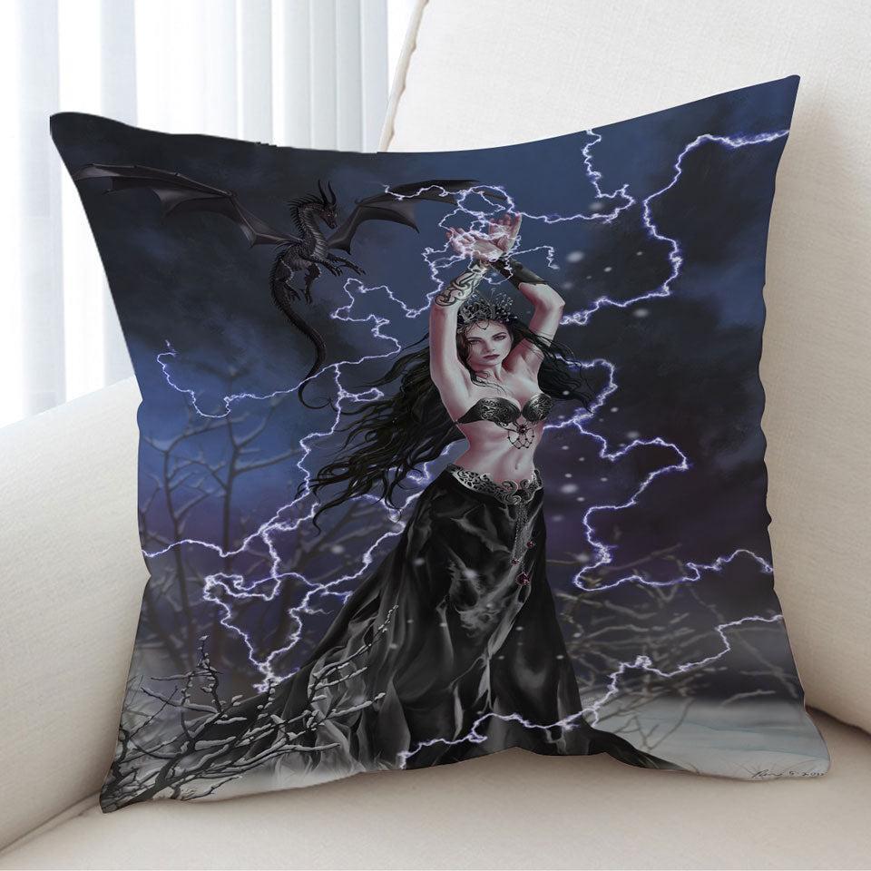 Gothic Fantasy Art Dark Woman with her Dragon Cushion