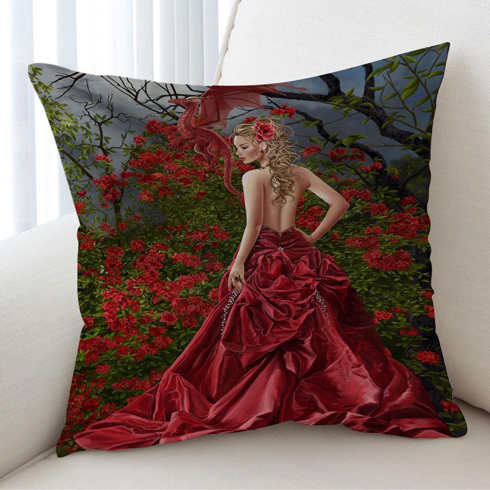 Fantasy Art Beautiful Red Dressed Woman and Dragon Cushion