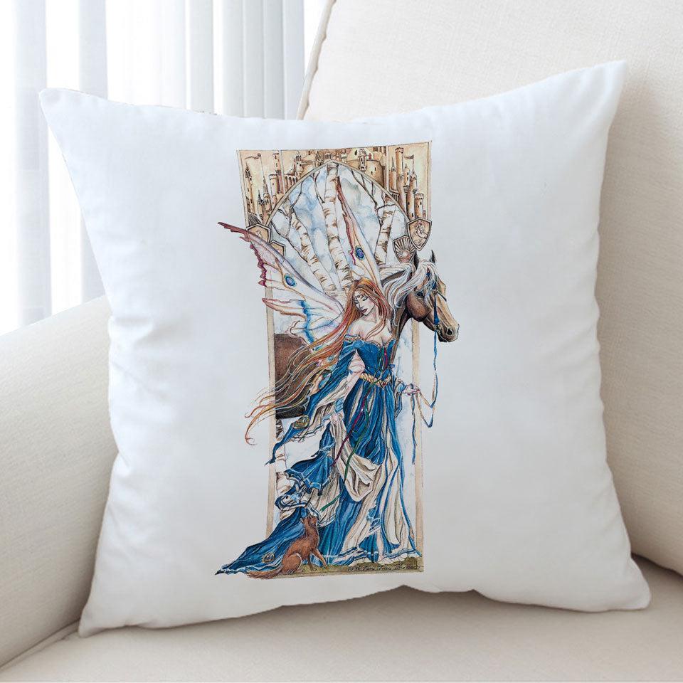 Fairytale Art Drawing Serenity Fairy and Horse Cushion