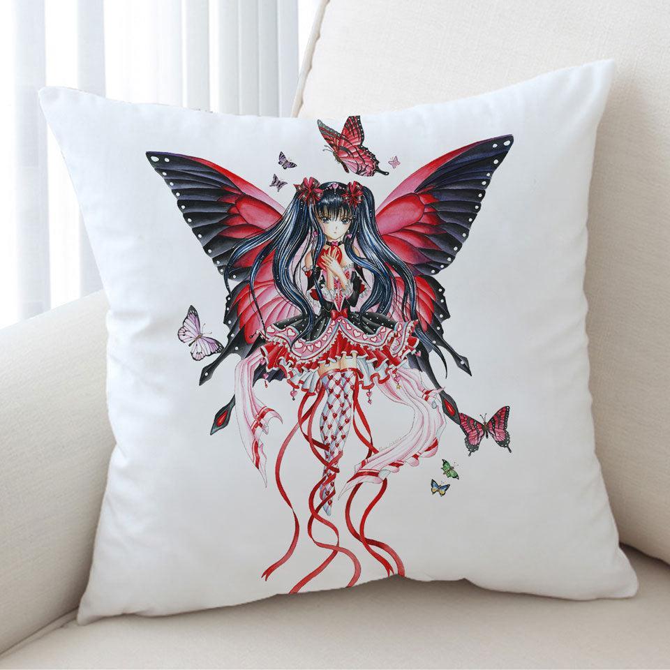 Fantasy Art Drawing Red Butterfly Girl Cushion