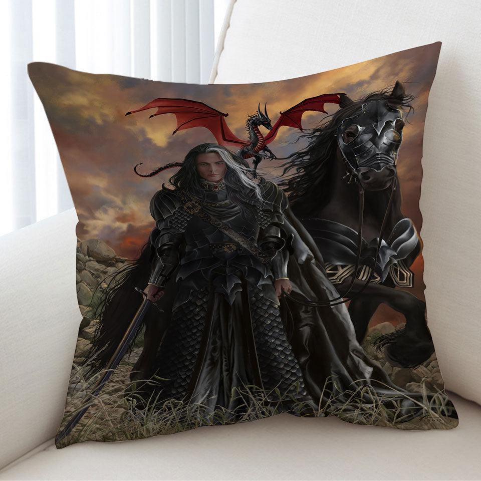 Fantasy Art the Black Knight with His Horse and Dragon Cushion