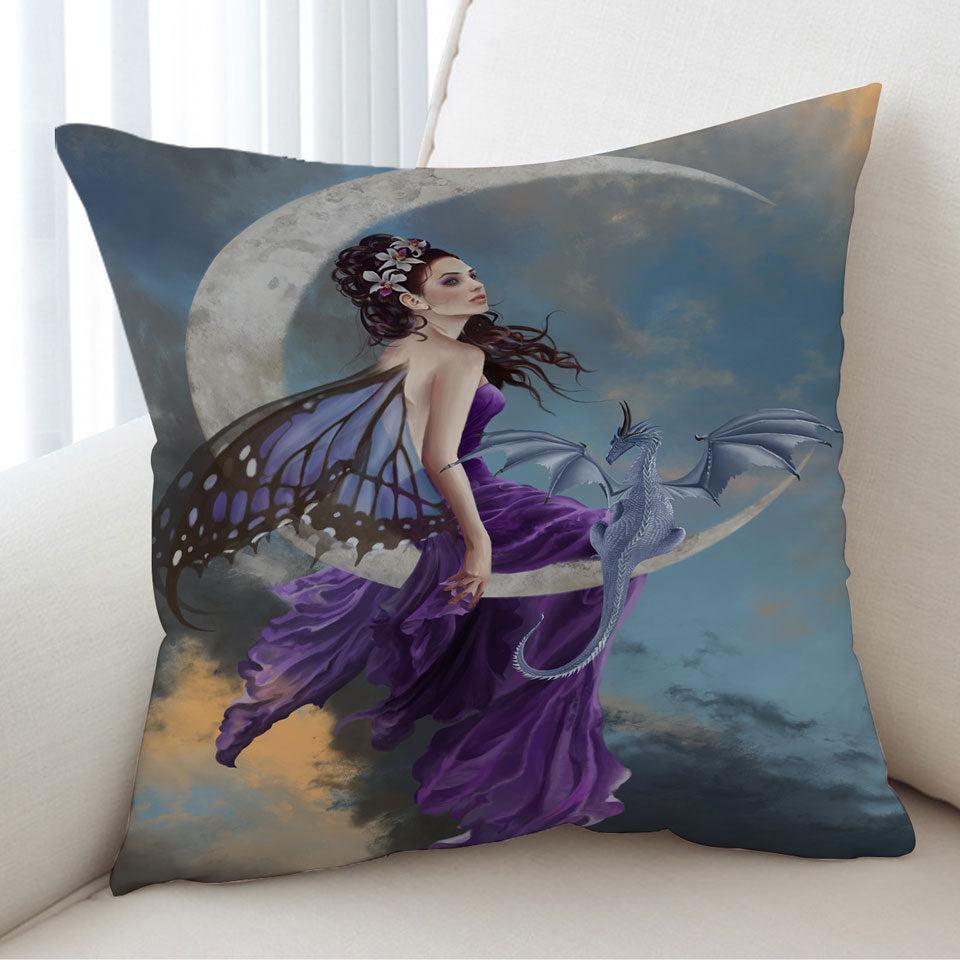 Fantasy Art the Pretty Purple Moon Fairy and Dragon Cushion