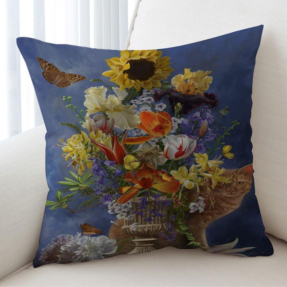 Cats Art Colorful Flower Bouquet and Cat Cushion