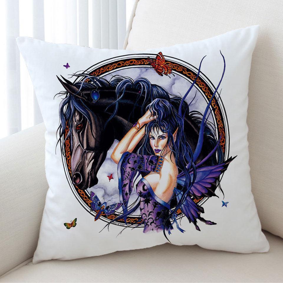 Fantasy Art Black Horse and Purple Fairy Cushion