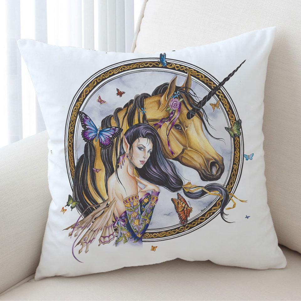 Fantasy Art Brown Unicorn and Fairy Princess Cushion