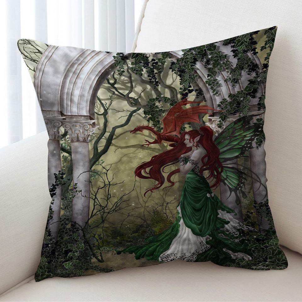 Fantasy Art Beautiful Redhead Green Fairy and Her Dragon Cushion
