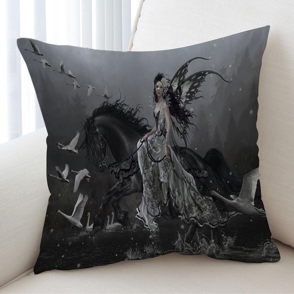 Black Horse Fairy Lamentation of Swans Fantasy Art Cushion