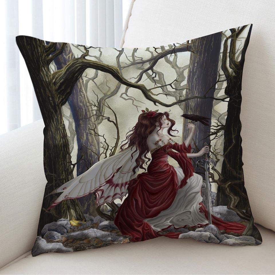 Fantasy Art the Red Fairy and Her Crow Cushion