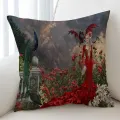 Roses Garden Peacocks Dragon and Beautiful Red Dressed Woman Cushion