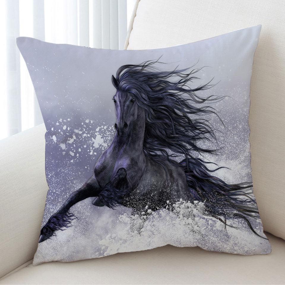 Winter Thunder Snow Running Wild Black Horse Cushion