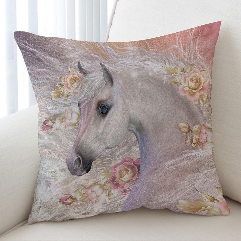 Winter Rose Roses and White Horse Cushion