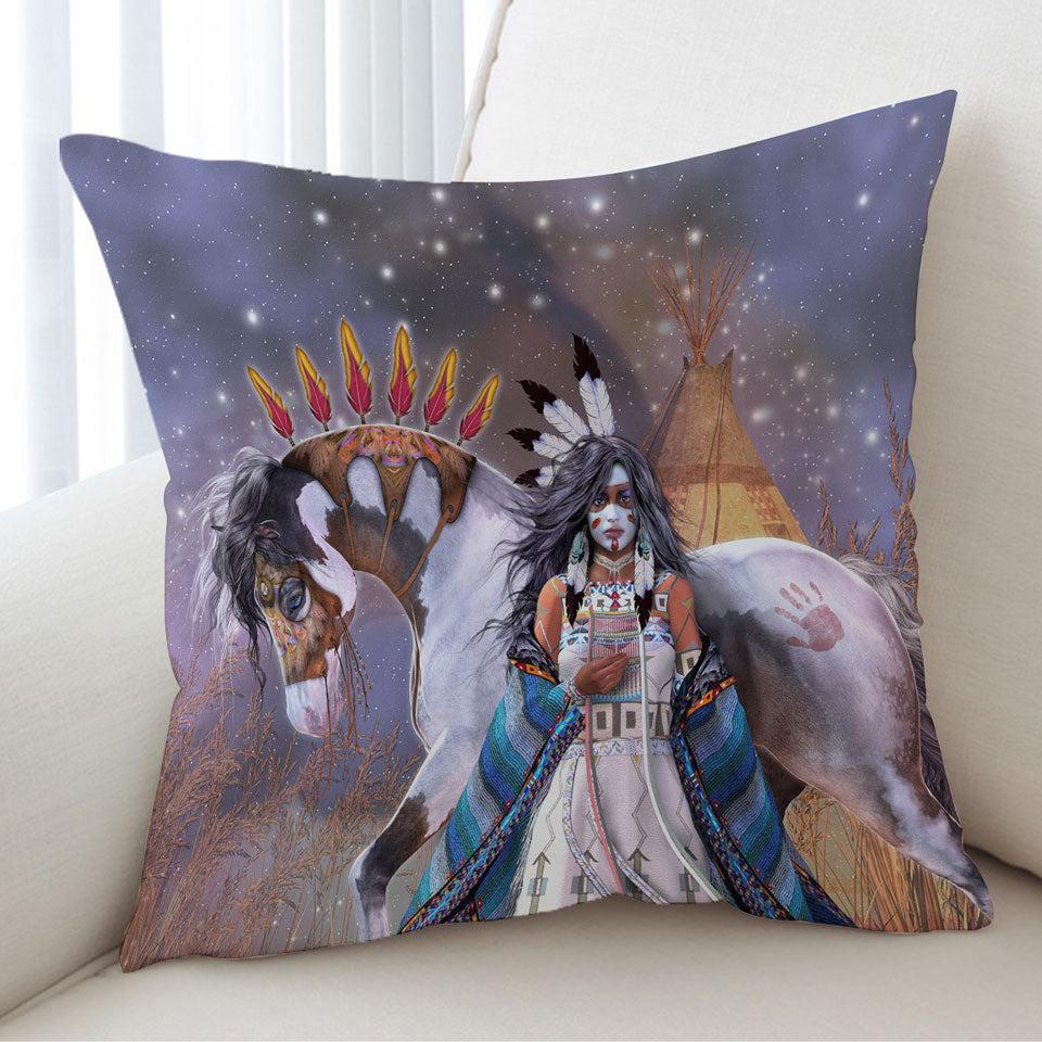 Wicasa Native American Girl and Her Horse Cushion