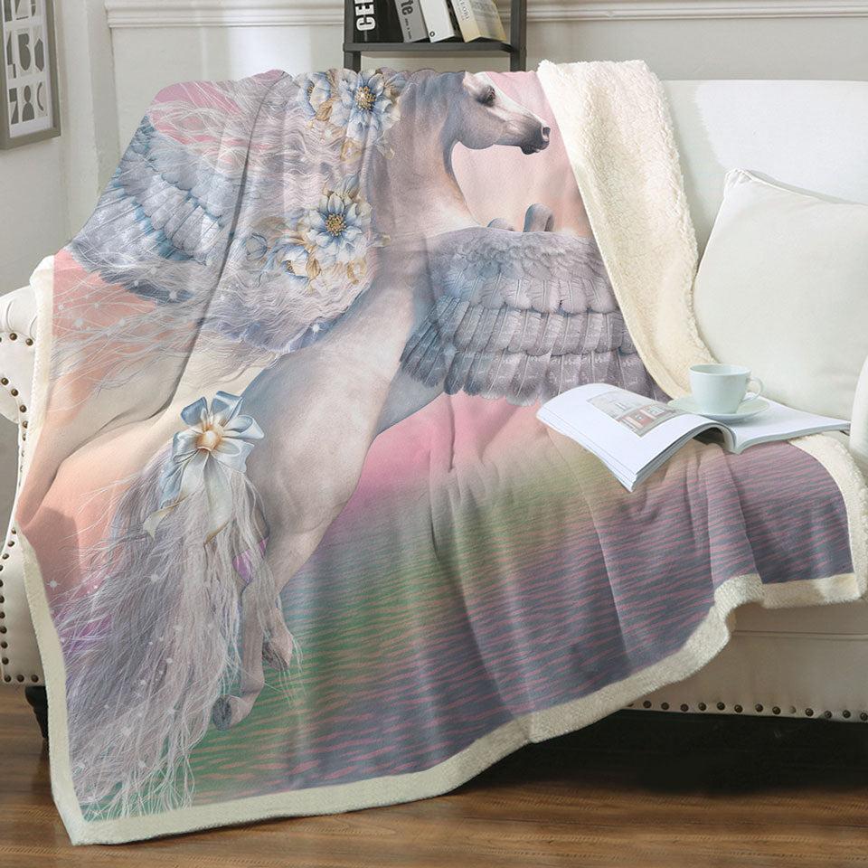 Fantasy Art Over the Rainbow Flying White Horse Throw Blanket Adults 150cm x 200cm