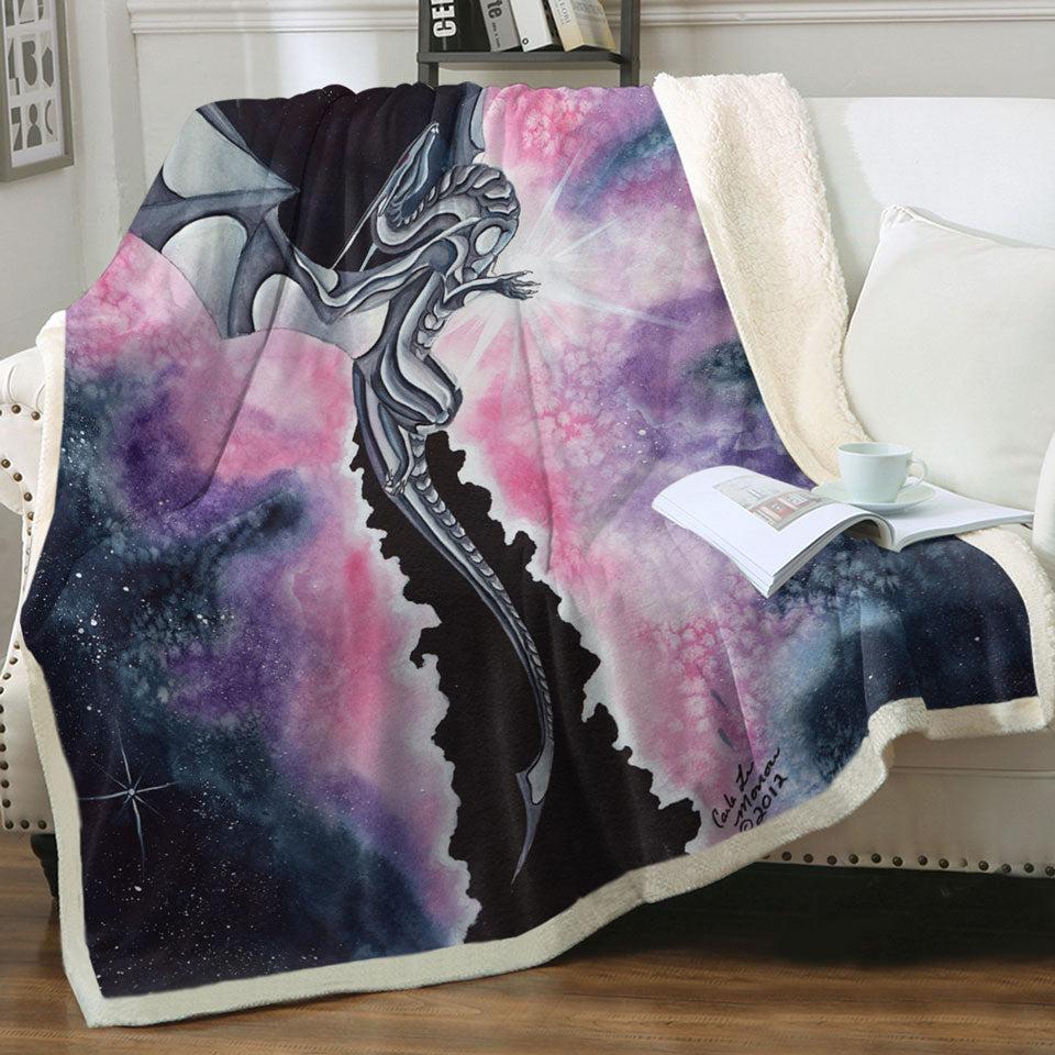 Purplish Space Dragon Flying through the Cosmos Throw Blanket Kids 130cm x 150cm