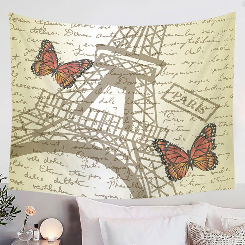Butterflies and Eiffel Tower Paris Tapestry 130cm X 150cm