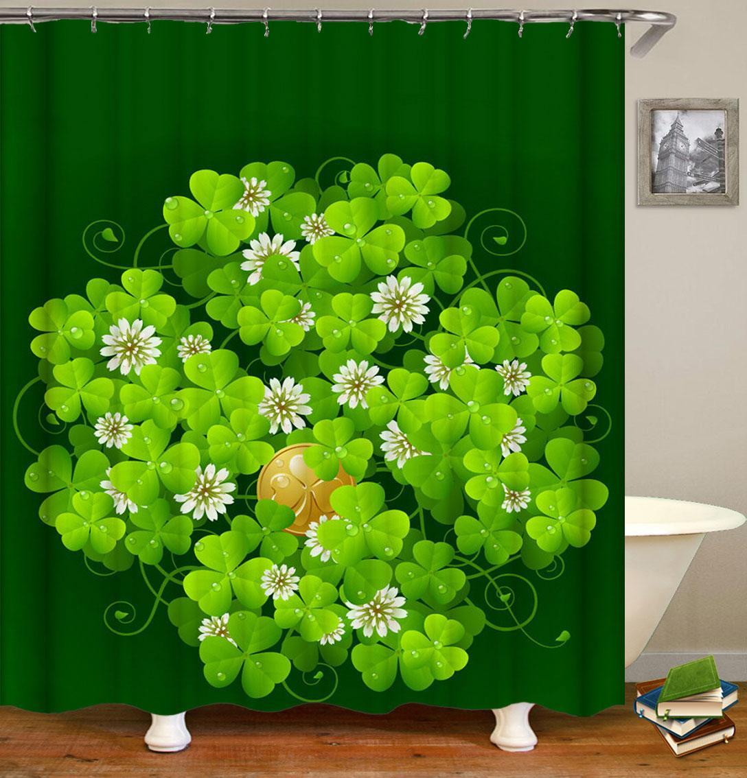 Green Clovers and Clover Flowers Shower Curtain 180cm x 180cm + 60cm x 40cm Set