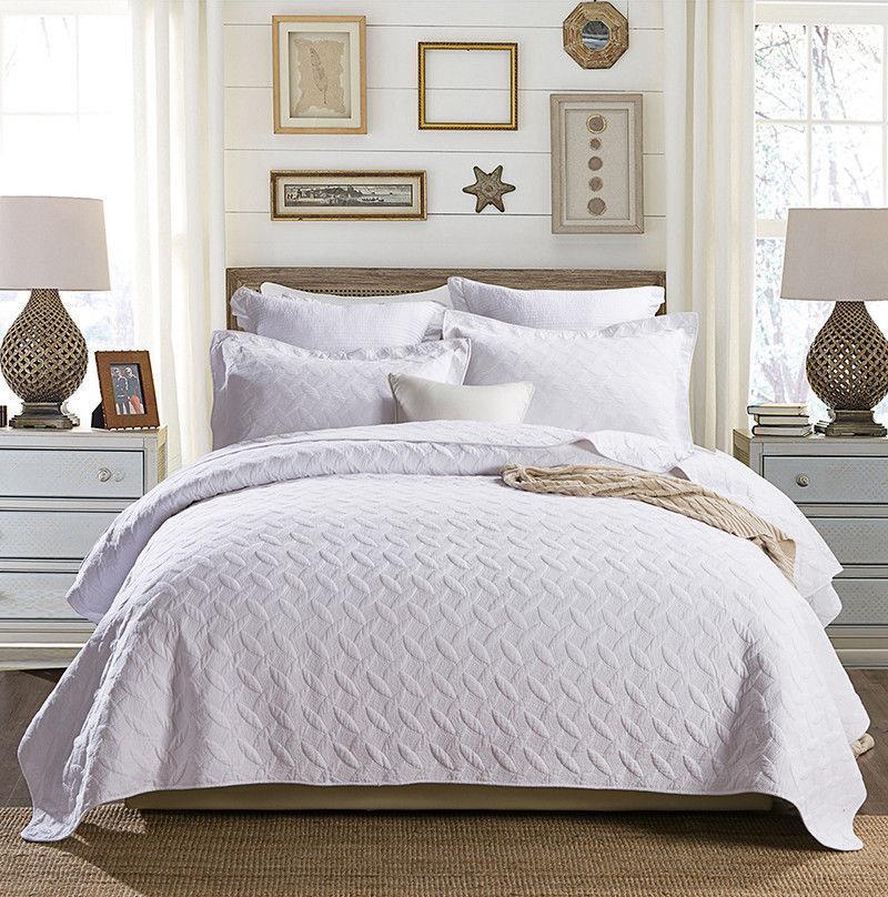 Luxury Quilted 100% Cotton Bedspread Coverlet Set King / Super King Size Bed 250x270cm Clover White