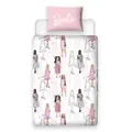 Barbie Reversible Figures Duvet Cover Set (Pink/White/Grey) (Single)