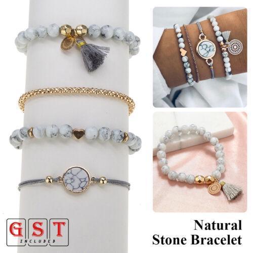 4X Women's Boho Natural Stone Beads Tassel Bracelet Set Bodhi Beaded Multilayer