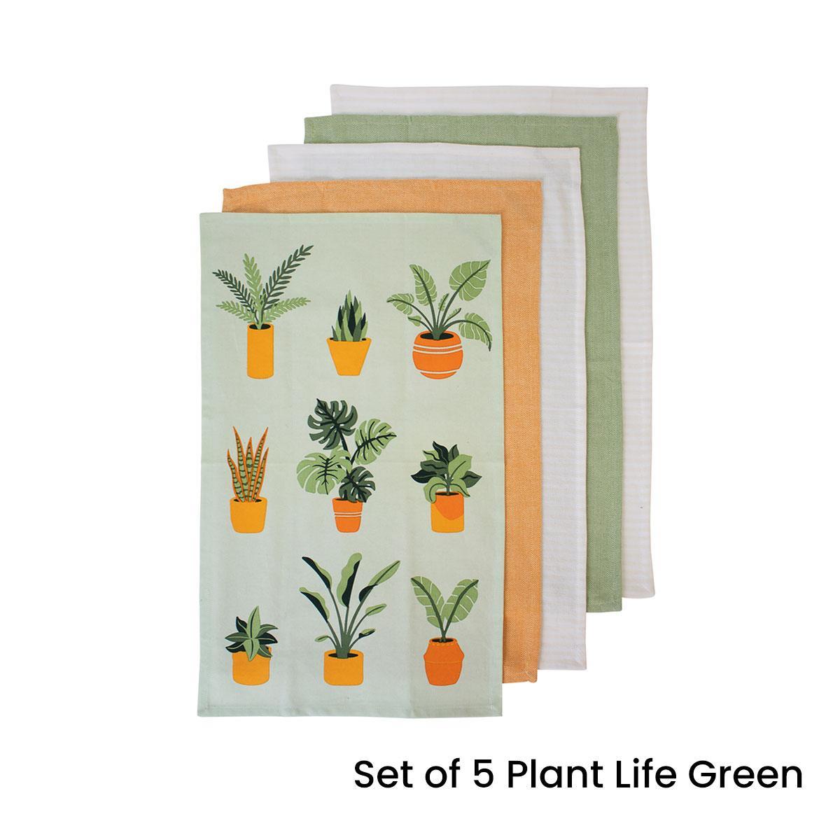 Set of 5 Plant Life Cotton Kitchen Tea Towels 50 x 70 cm Green
