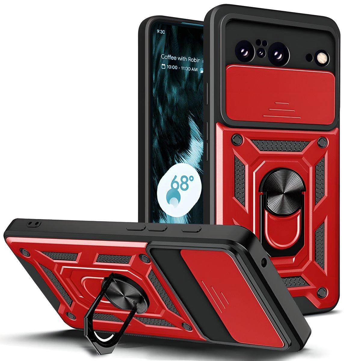 For Google Pixel 8 Pro 5G Case, Camera Cover Ring Stand Guarding Cover, Red