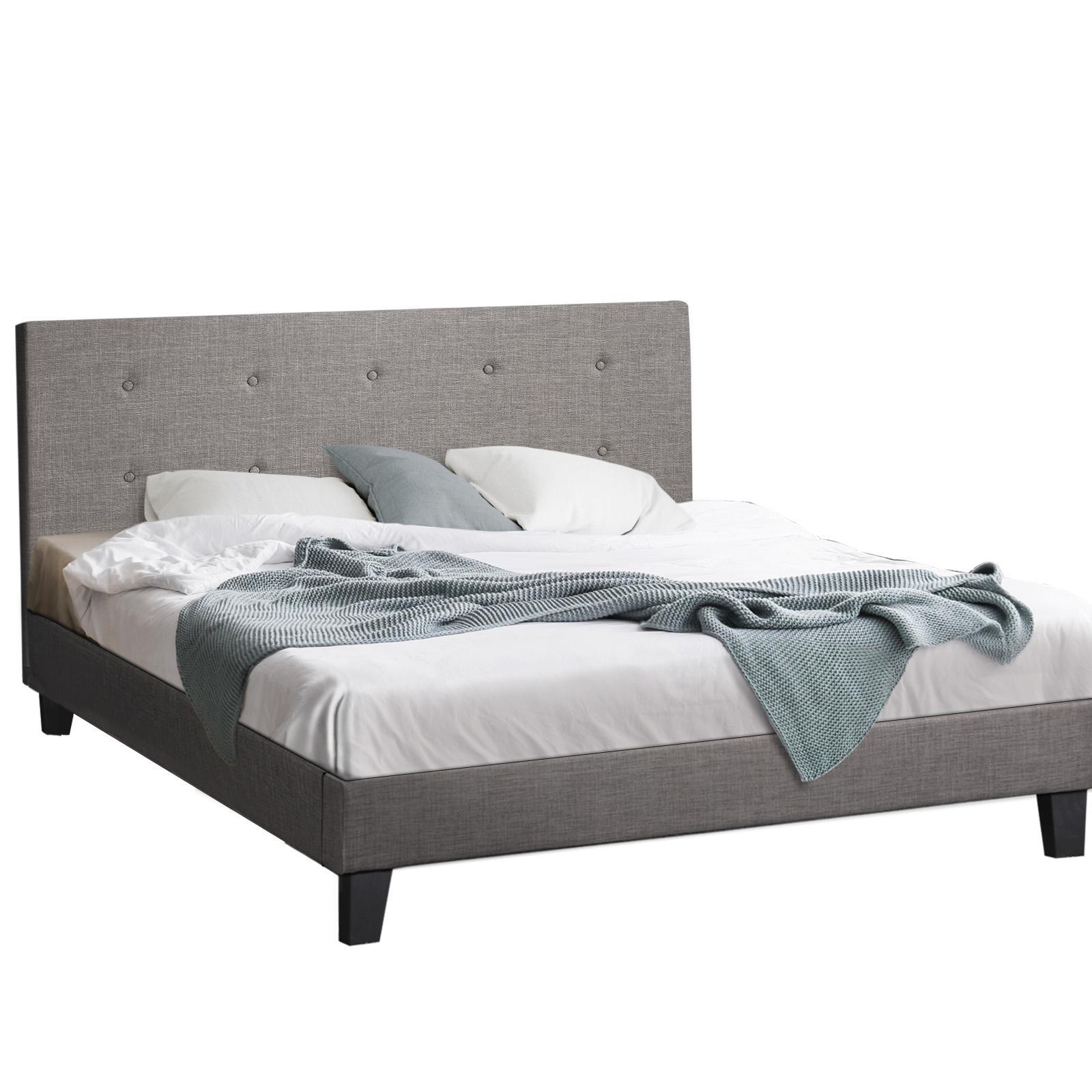 Oikiture Bed Frame Double Size Bed Platform Wooden Fabric Grey