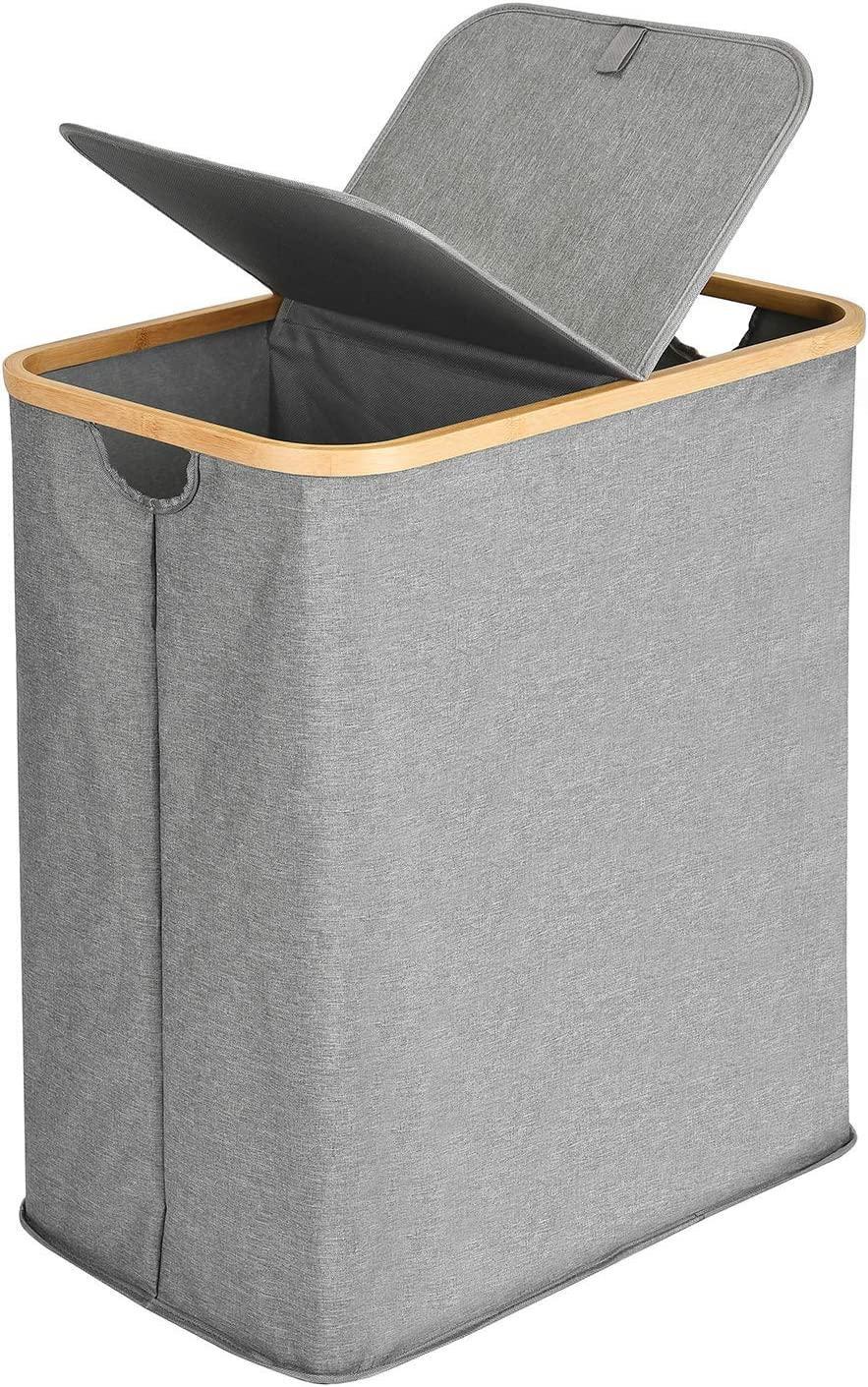 Collapsible Divided Folding Bamboo & Canvas Laundry Hamper with Handles