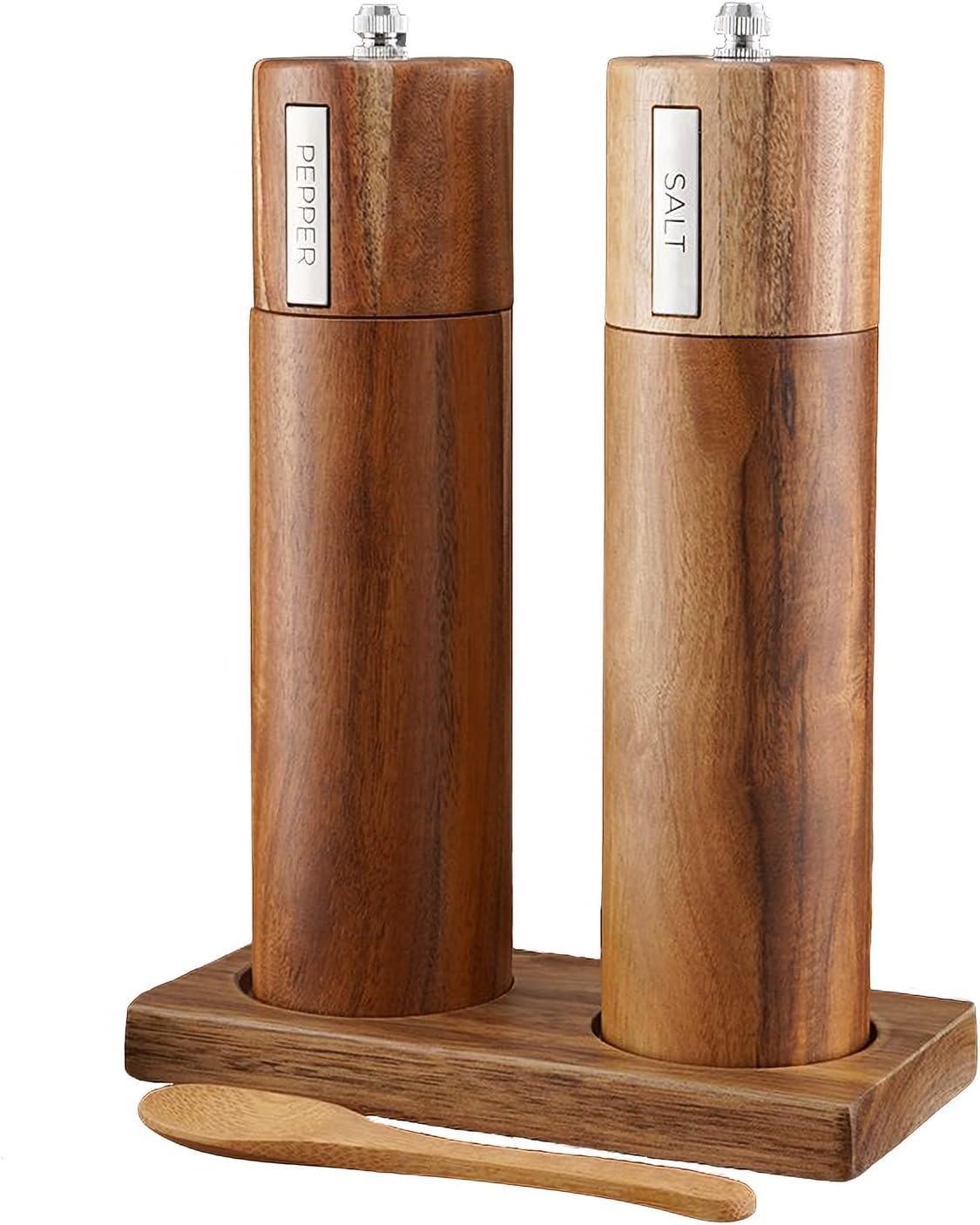 Wooden Salt and Pepper Grinder Set with Tray and Spoon - Kitchen Hand Grinder