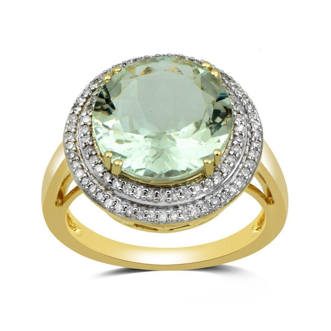 Bevilles 9ct Yellow Gold Green Amethyst Ring with 0.33ct of Diamonds