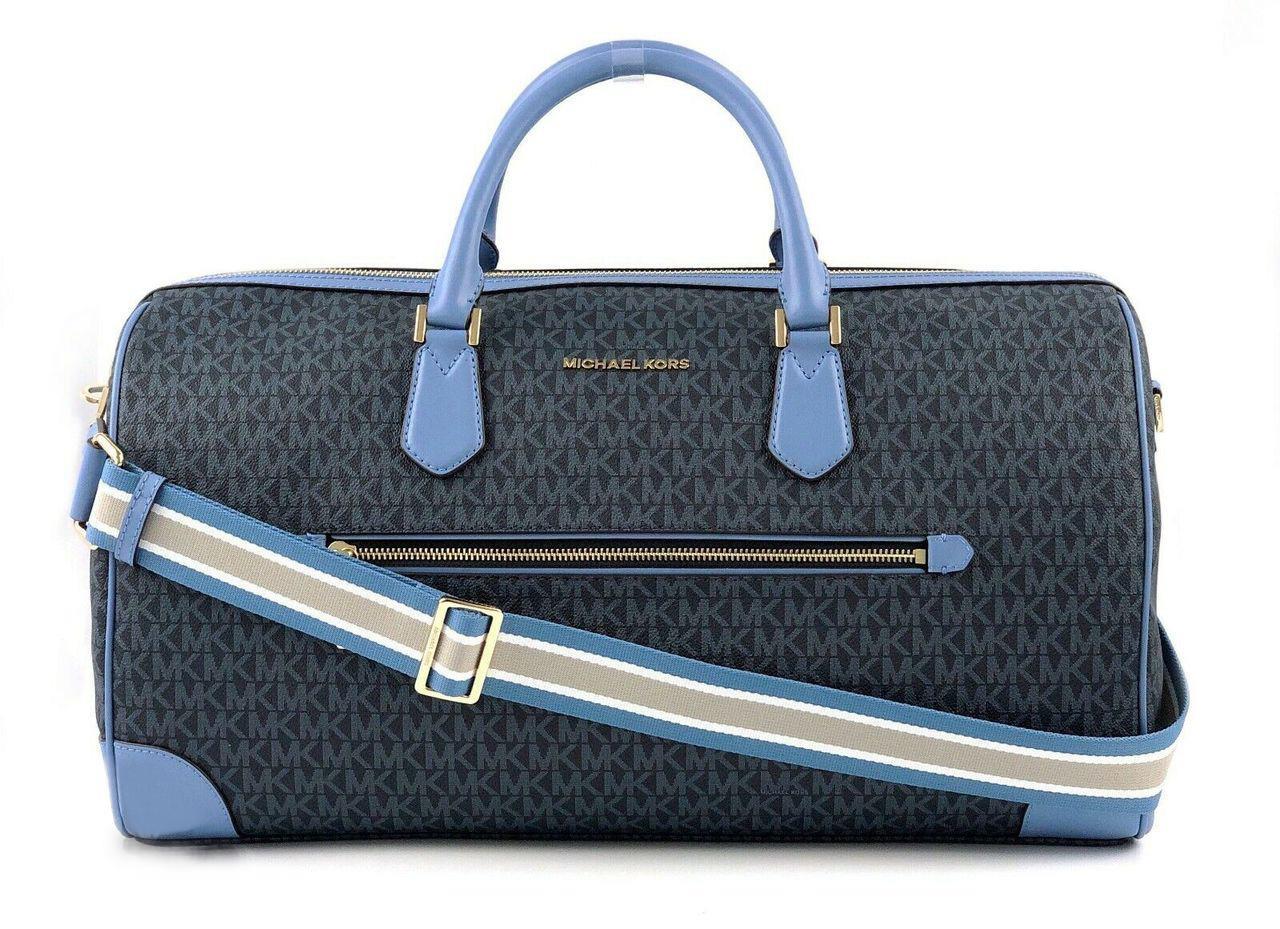Michael Kors Large Signature PVC Travel Duffle Carry On Hand Bag French Blue