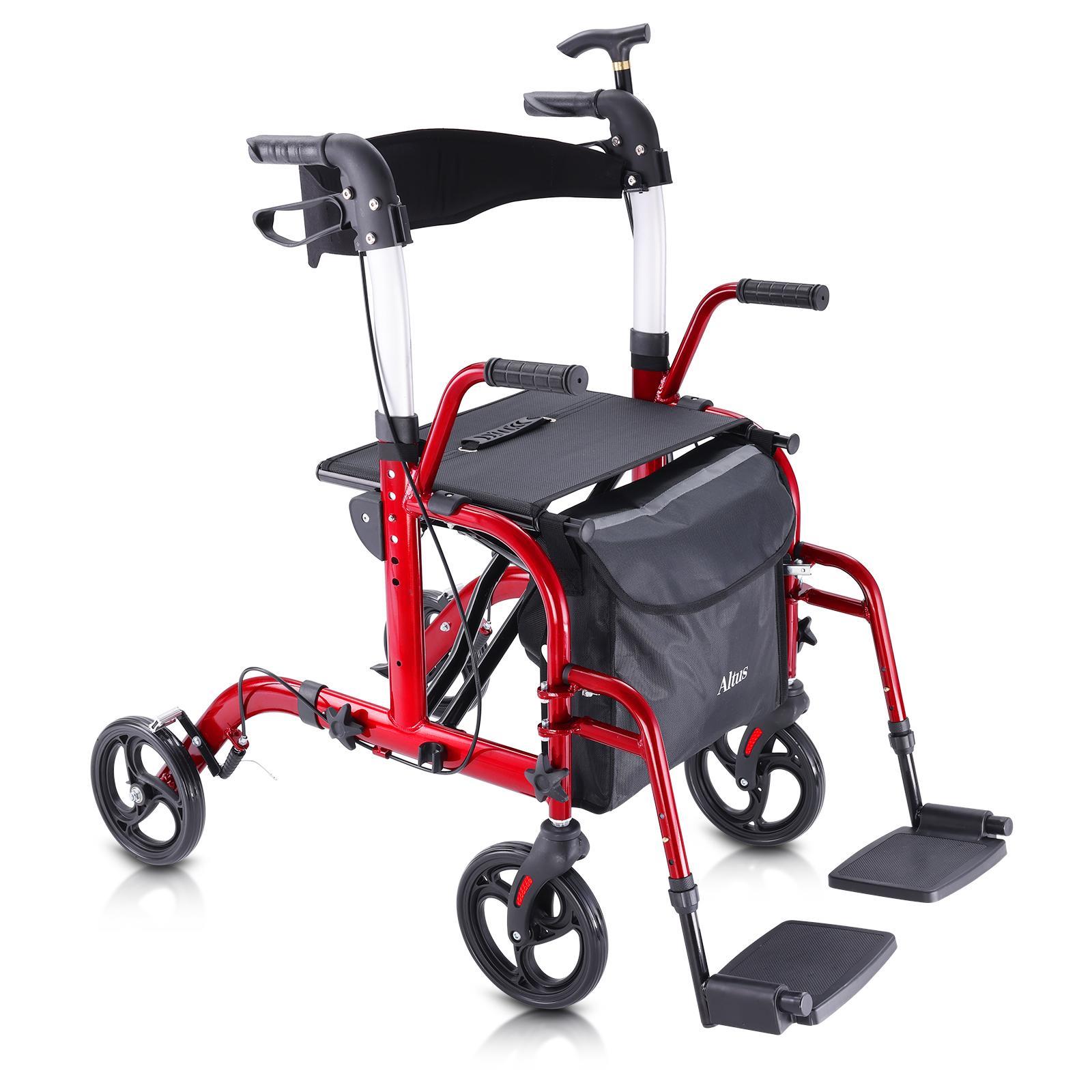 Altus Hybrid Duo 2-in-1 Mobility Rollator and Transit Wheelchair Combo Walker with Seat Red