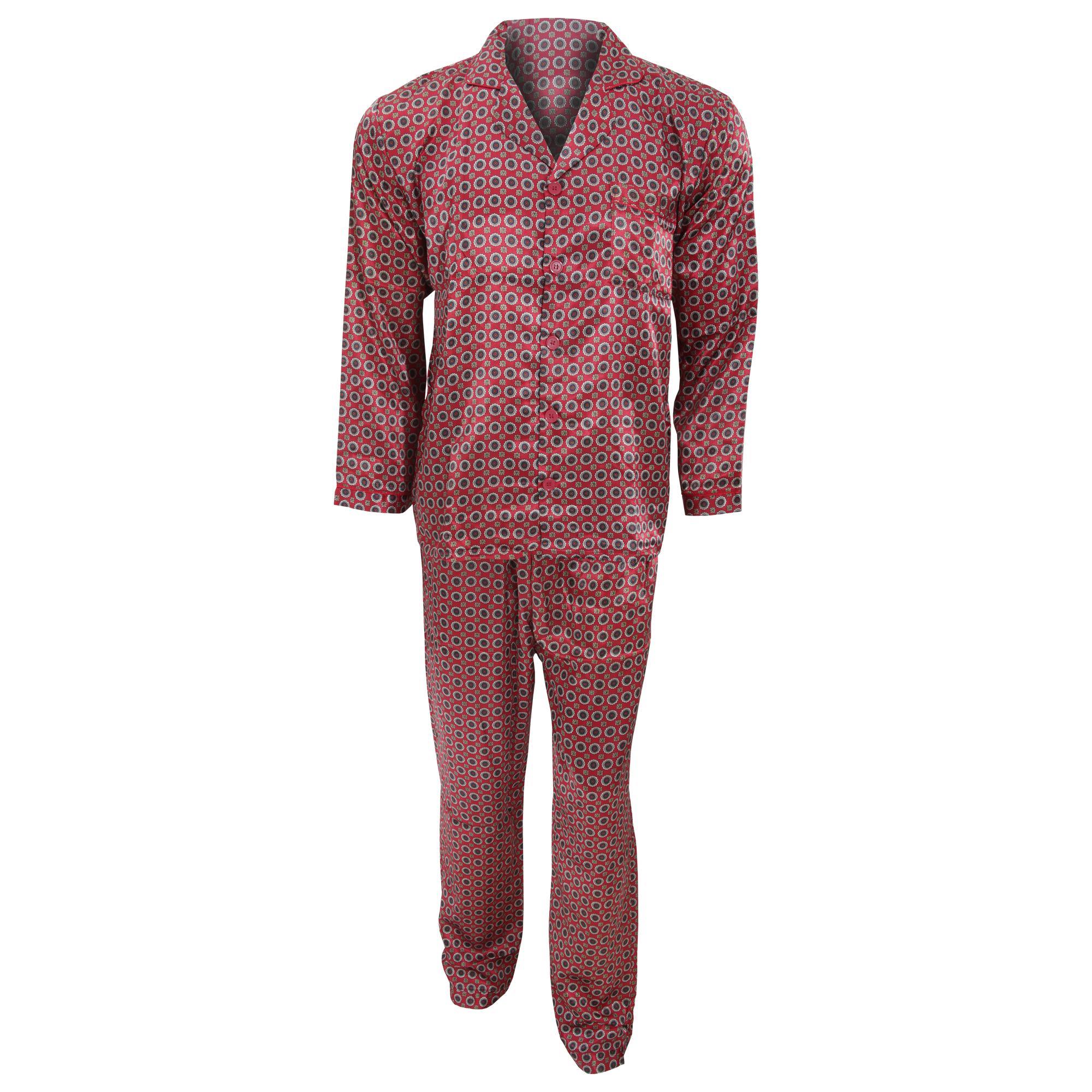 Mens Traditional Patterned Long Sleeve Satin Shirt & Bottoms Pyjamas/Nightwear Set (Red) (M Chest: 40inch)